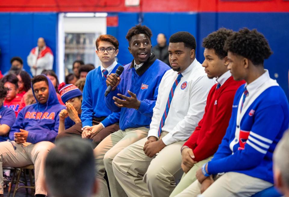 Serra High School's space team take turns talking about their participation in the International Space Station program.