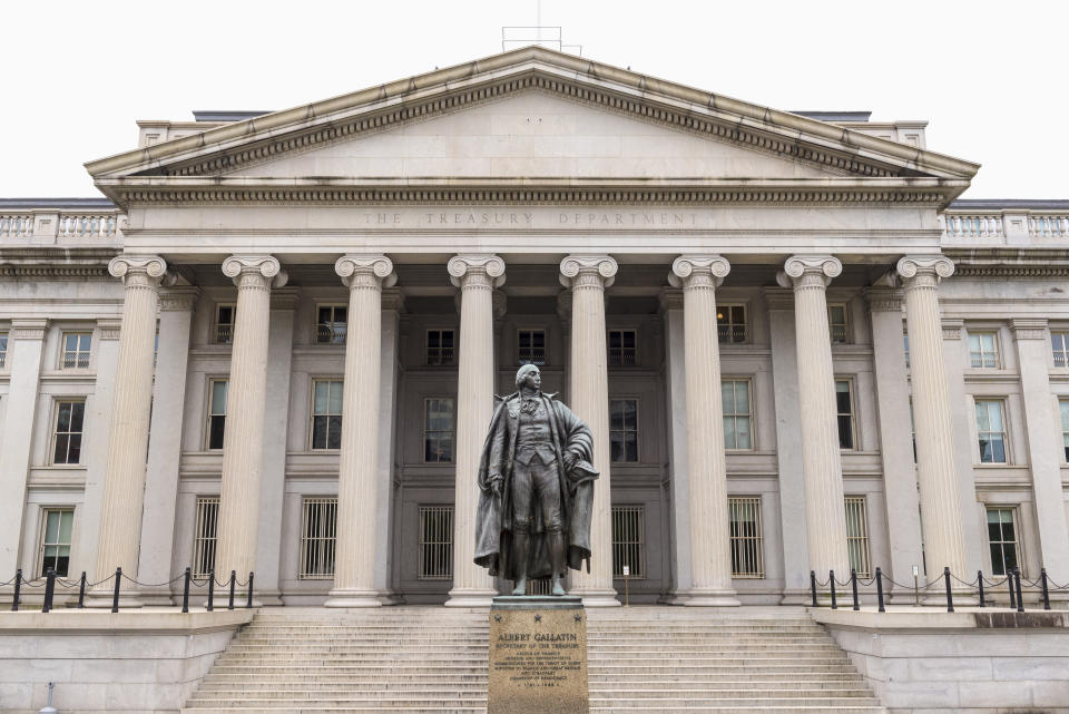 Facade of the US Treasury building in Washington DC on Pennsylvania Avenue adjacent to the White House