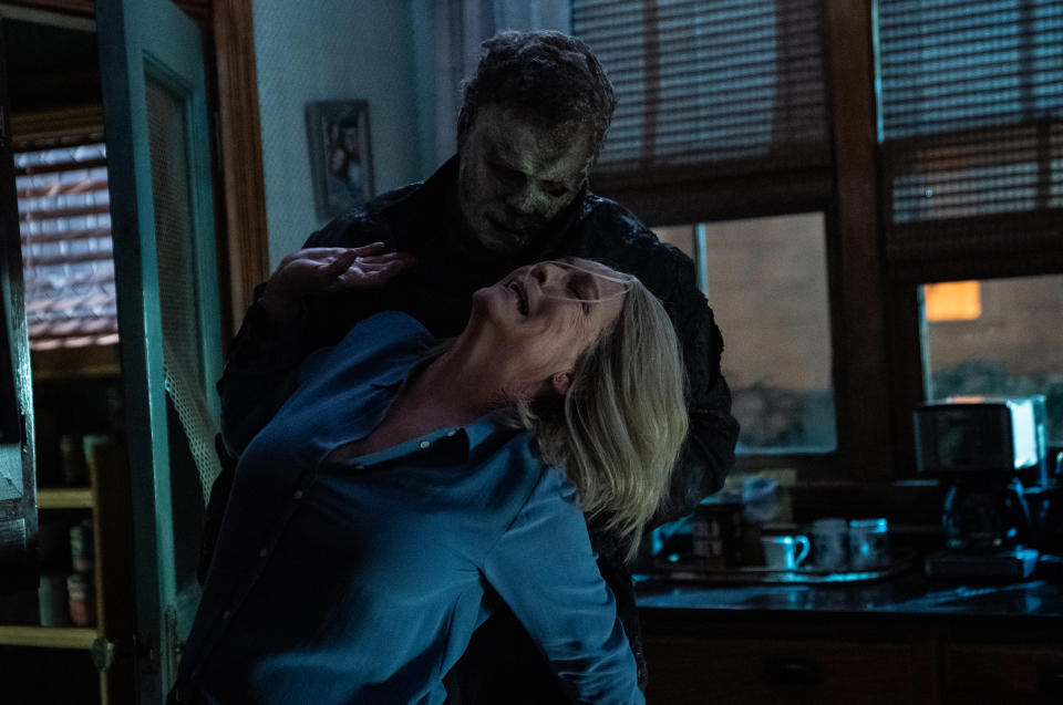 Michael Myers (aka The Shape) and Jamie Lee Curtis as Laurie Strode in HALLOWEEN ENDS, directed by David Gordon Green (Universal Pictures)