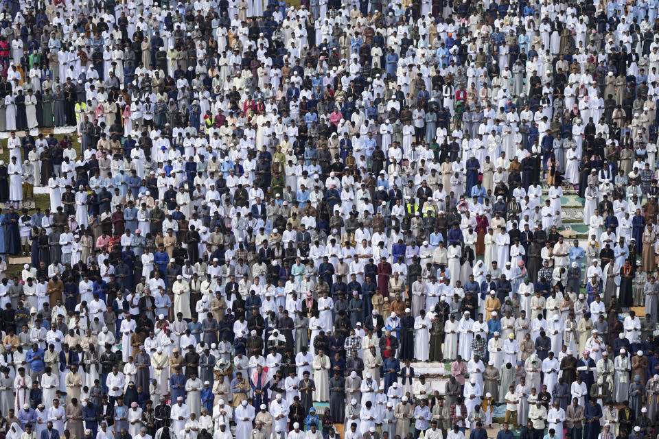 Muslim devotees offer Eid al-Fitr prayers to mark the end of Ramadan, the Islamic holy month of fasting, in Nairobi, Kenya Wednesday, April. 10, 2024. (AP Photo/Brian Inganga)