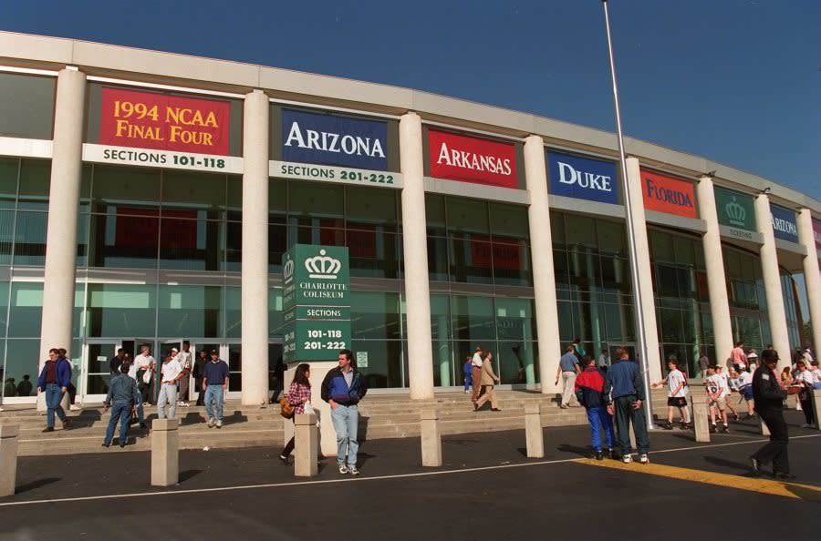 1 APR 1994: THE MAIN ENTRANCE OF THE CHARLOTTE COLISEUM IS DECORATED FOR THE NCAA MEN”S BASKETBALL FINAL FOUR TOMORROW. Mandatory Credit: Doug Pensinger/ALLSPORT