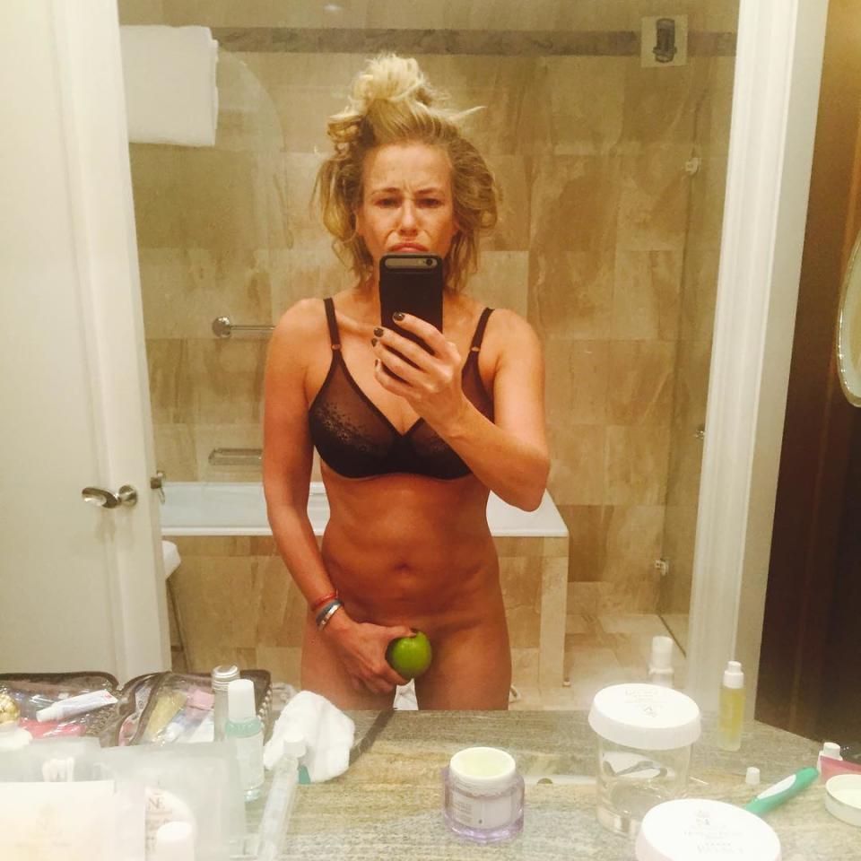 Chelsea Handler keeps finding new ways to strip down! The 40-year-old comedian, who is no stranger to posting topless and otherwise NSFW shots, posted a bottomless picture to her Instagram, writing in the caption, "Look at my hair. Something must have happened while I slumbered," which is an interesting caption when you consider that the photo really draws your attention to the, um... apple. ( <strong>WARNING</strong>: NSFW!) <strong>PHOTOS: Chelsea Handler Gets Naked: 17 Times She's Stripped Down </strong> Chelsea looks great! Despite her ongoing battle with Instagram, for deleting some of her other NSFW photos, but thanks to that strategically placed apple, this one will probably stay up. Last December, Instagram deleted a topless photo Chelsea posted parodying Russian President Vladimir Putin' shirtless-on-a-horse photo, prompting the former <em>Chelsea Lately</em> star to slam the social network. <strong>WATCH: Chelsea Handler: Why I Like Being Naked On Camera </strong> "Taking this down is sexist. I have every right to prove I have a better body than Putin," she tweeted. "If a man posts a photo of his nipples, it's ok, but not a woman? Are we in 1825?" As Chelsea mentioned to Ellen DeGeneres last fall, she doesn't mind baring it all in photos. "I like to be naked because I don't take my body seriously," she said. "People do, and that's nice for them, but I think bodies are so silly." And that's not the only time Chelsea has promoted positive body image. Earlier in August, she posted this bikini picture to Instagram, with the caption, "You know, I had a boyfriend who told me my boobs were too big and that I was fat. And then, I looked in the mirror." <strong>WATCH: Chelsea Handler Slams Instagram for Removing Her Topless Photo </strong> Go, Chelsea! Watch below.