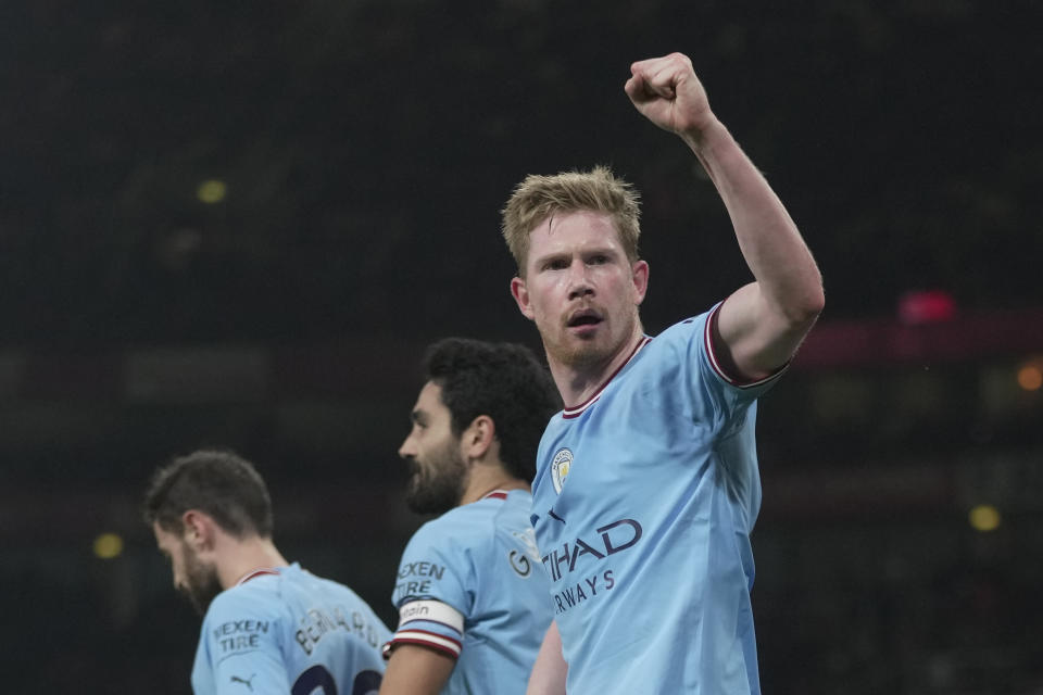 Manchester City's Kevin De Bruyne reacts during the English Premier League soccer match between Arsenal and Manchester City at the Emirates stadium in London, England, Wednesday, Feb.15, 2023. (AP Photo/Kin Cheung)