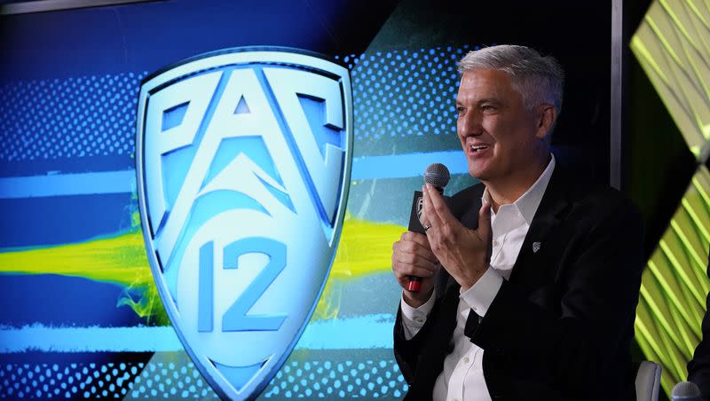 Pac-12 Commissioner George Kliavkoff fields questions during the Pac-12 Conference NCAA college football Media Day Tuesday, July 27, 2021, in Los Angeles. 