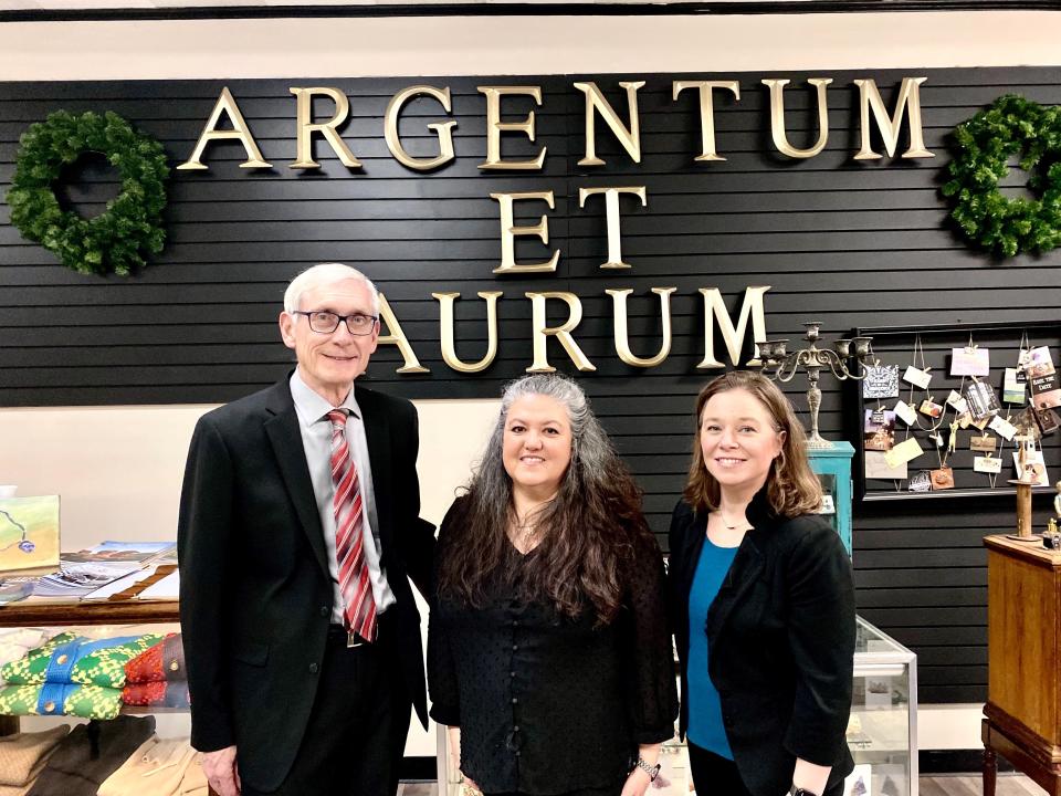 Monica Lara, center, received a visit from Gov. Tony Evers and Lt. Gov. Sara Rodriguez Jan. 4 after her business, Argentum et Aurum received the Main Street Bounceback grant to relocate to a larger space down the street.