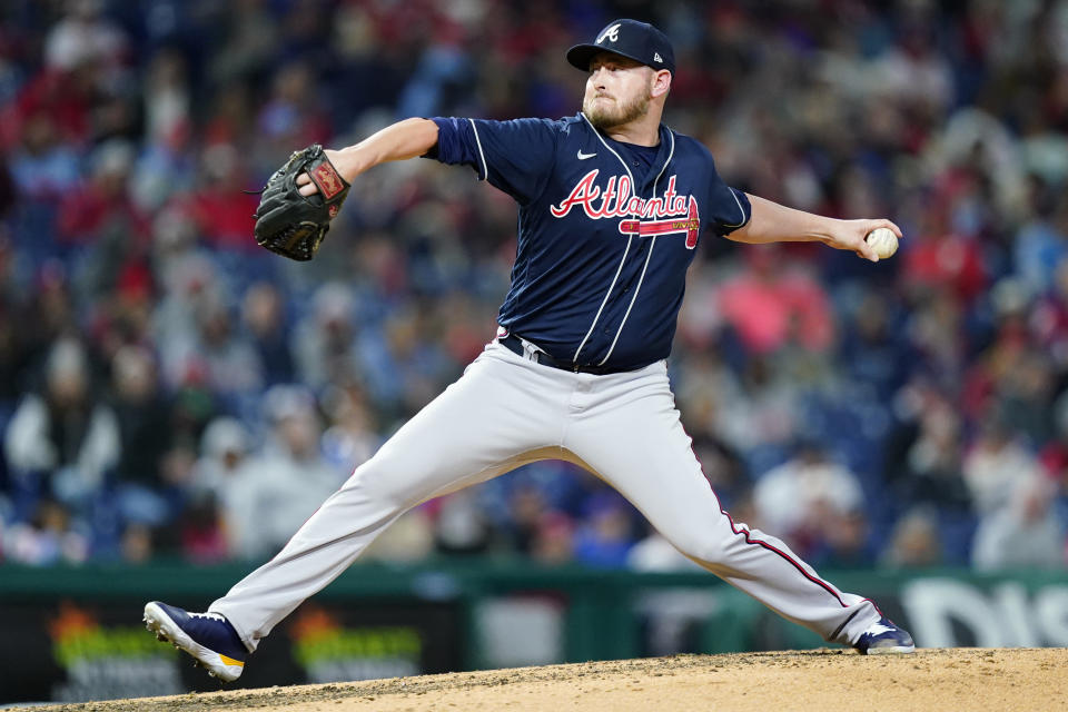 Atlanta Braves' Tyler Matzek pitches during the fifth inning of a baseball game against the Philadelphia Phillies, Friday, Sept. 23, 2022, in Philadelphia. (AP Photo/Matt Slocum)