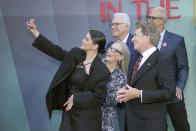 Selena Gomez, from left, Meryl Streep, Steve Martin, Martin Short, and John Hoffman arrive at the premiere of "Only Murders in the Building" at Paramount Pictures on Thursday, Aug. 22, 2024, in Los Angeles. (Photo by Jordan Strauss/Invision/AP)