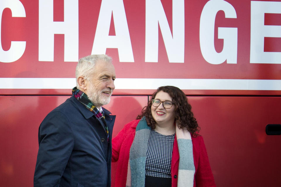 Britain's Labour Party leader Jeremy Corbyn and Shadow Minister for Climate Justice Danielle Rowley visit the National Mining Museum at the former Lady Victoria Colliery in Newtongrange, Scotland, Thursday Nov, 14, 2019, on the General Election campaign trail. (Jane Barlow/PA via AP)