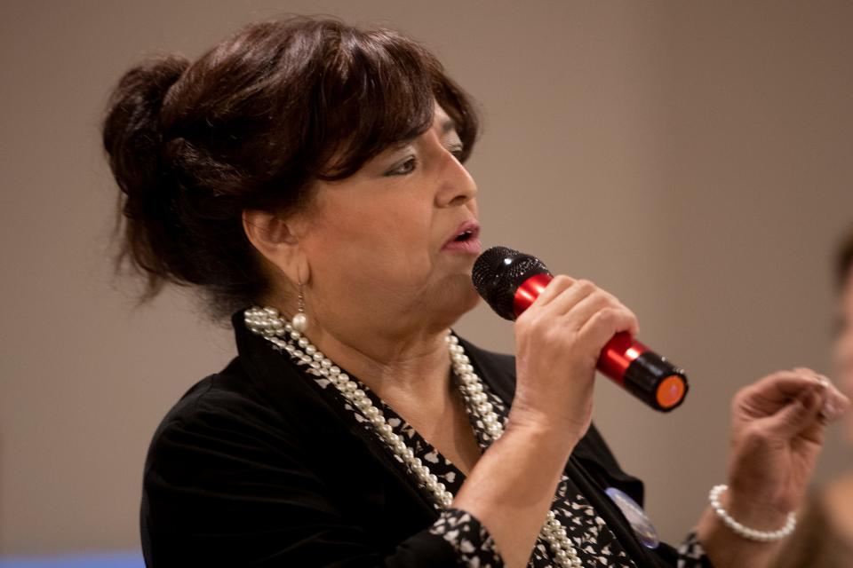 Former state Rep. Norma Chávez, one of four candidates for the Texas House District 77 seat, speaks at the Eastside Democrats Endorsement Forum at the Firefighters Hall in East El Paso on Feb. 6.