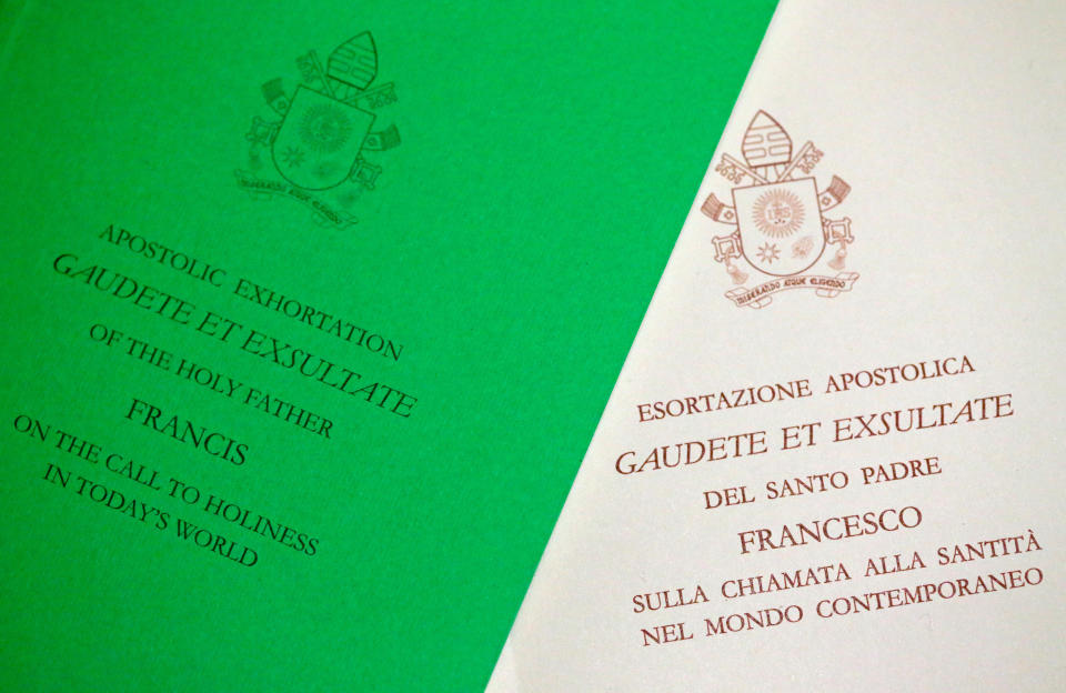 A photo illustration of the papal document "Gaudete et Exsultate" (Rejoice and Be Glad). (Photo: Alessandro Bianchi/Illustration/Reuters)