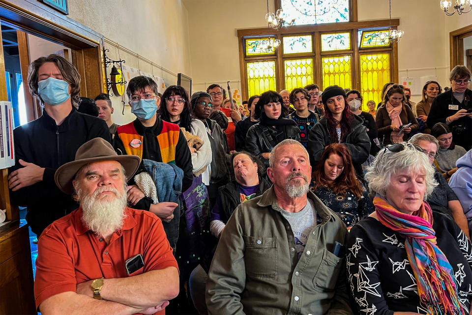 People gather for a vigil at All Souls Unitarian Universalist Church in Colorado Springs, Colo., on Nov. 20, 2022, following a mass shooting at Club Q, a gay nightclub. (Sumiko Moots / NBC News)