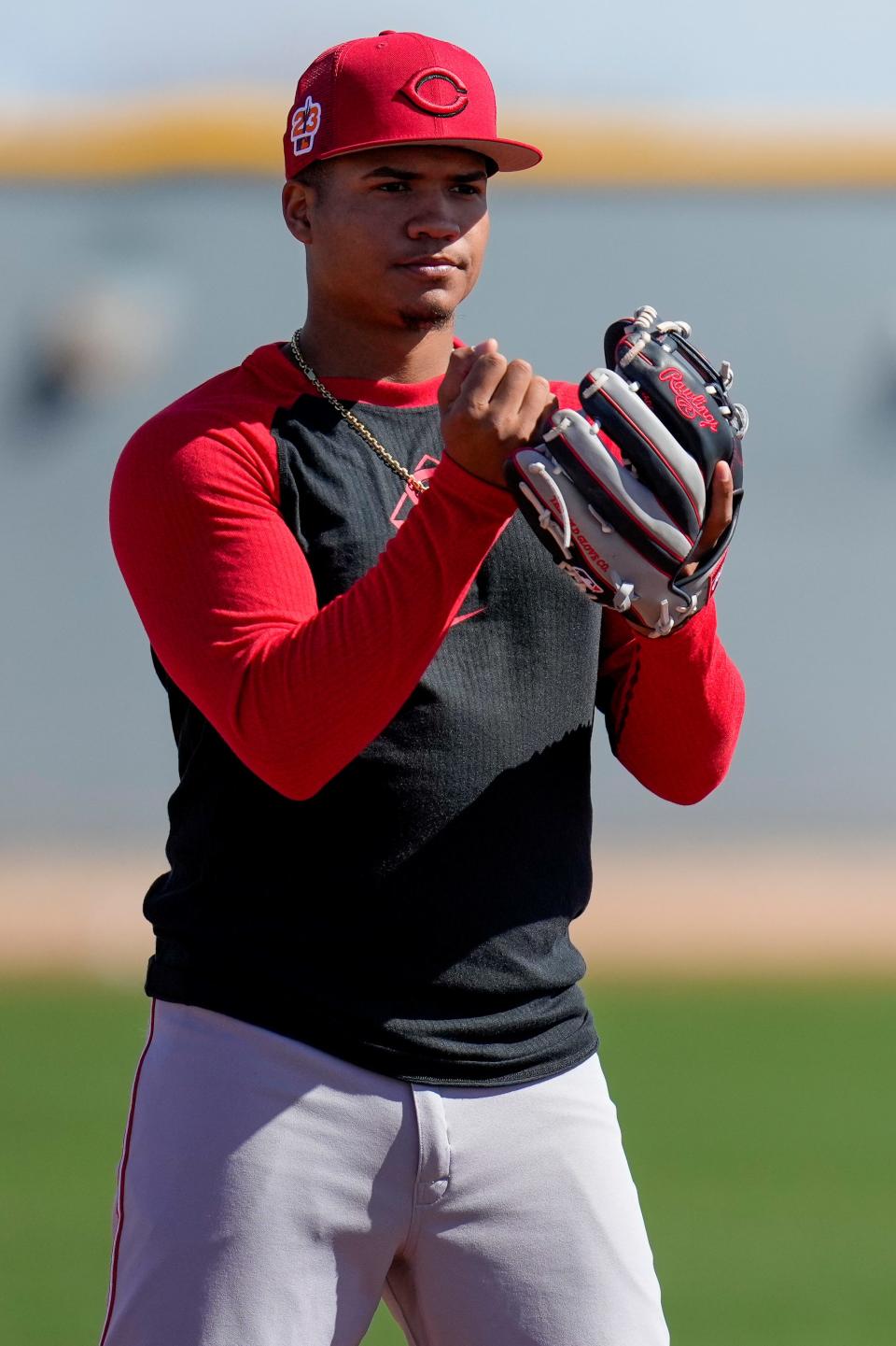 Reds infield prospect Noelvi Marte runs through fielding drills at the Reds' Player Development Complex in Goodyear, Ariz.