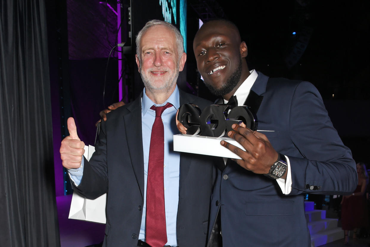 LONDON, ENGLAND - SEPTEMBER 05:  Leader of the Labour Party Jeremy Corbyn (L) and Stormzy, winner of the Solo Artist of the Year award, attend the GQ Men Of The Year Awards at the Tate Modern on September 5, 2017 in London, England.  (Photo by David M. Benett/Dave Benett/Getty Images)