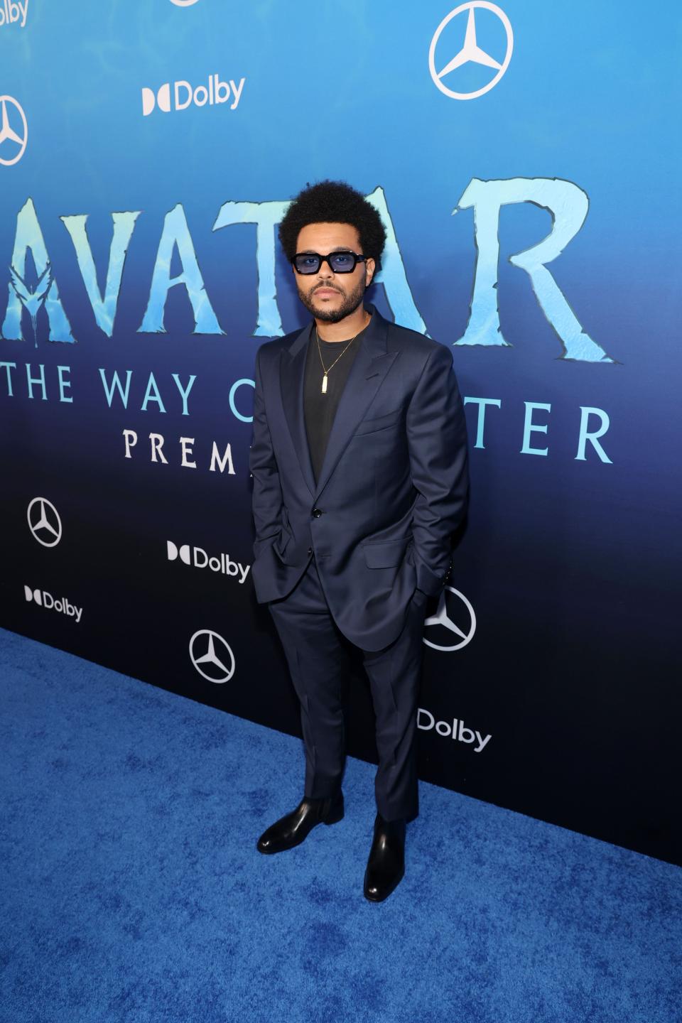 The Weeknd at 'Avatar' premier wearing blue suit.