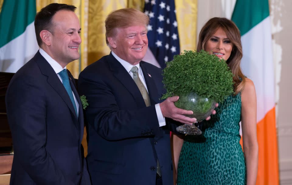 Irish PM Taoiseach Leo Varadkar also presented Donald Trump with a whole bowl of Shamrock ahead of St. Patricks Day. Source: Getty