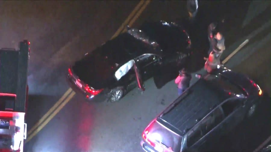 Photos of the scene where stolen vehicle suspects crashed into Alberto Castaneda on Jan. 3, 2024. (KTLA)