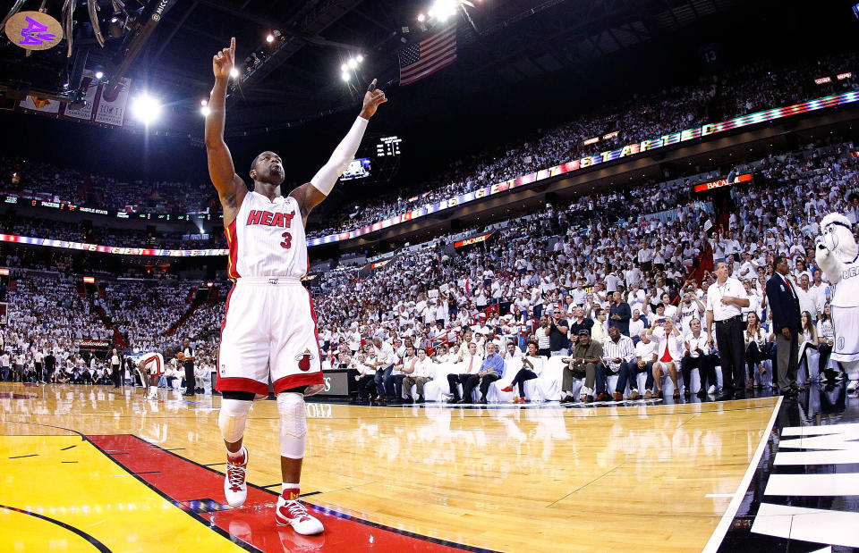 Dwyane Wade of the Miami Heat greets the cowd during Game Five of the Eastern Conference Semifinals in the 2012 NBA Playoffs against the Indiana Pacers at AmericanAirlines Arena on May 22, 2012 in Miami, Florida. (Photo by Mike Ehrmann/Getty Images)