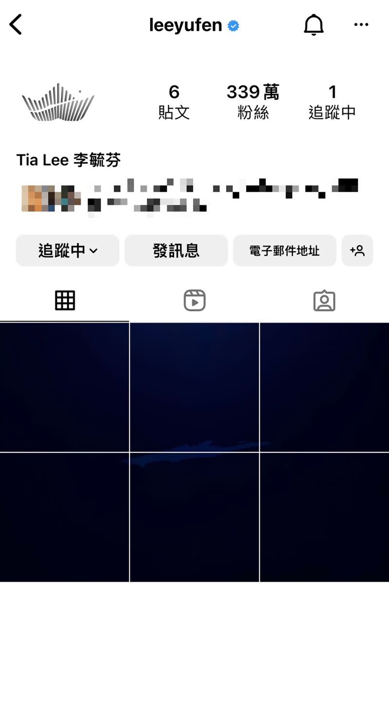 李毓芬之前清空IG曬深色圖還寫「#再見 #Goodbye」引起粉絲關心。（圖／翻攝自IG）