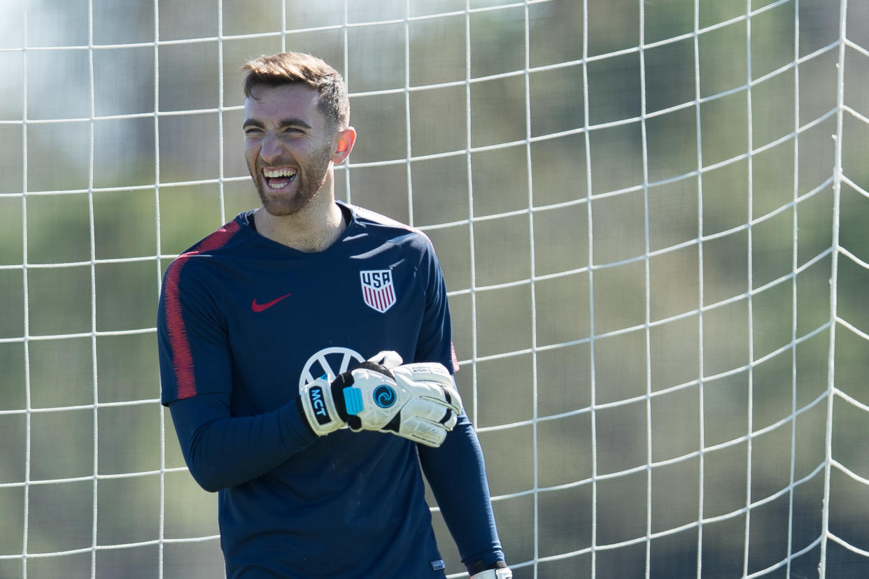 BRADENTON, FL - JANUARY 08: Matt Turner of the United States laugh during a drill at IMG Academy on January 08, 2020 in Bradenton, Florida. (Photo by John Dorton/ISI Photos/Getty Images)