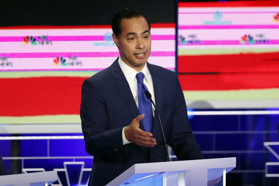 Democratic presidential candidate former Housing and Urban Development Secretary Julian Castro speaks during a Democratic primary debate hosted by NBC News at the Adrienne Arsht Center for the Performing Art, Wednesday, June 26, 2019, in Miami. | Wilfredo Lee—AP