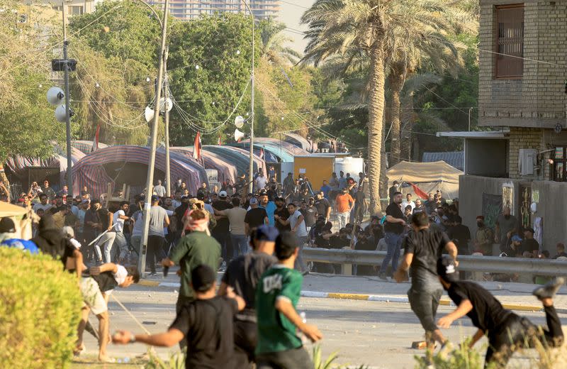 FILE PHOTO: Supporters of Iraqi populist leader Moqtada al-Sadr protest at the Green Zone, in Baghdad