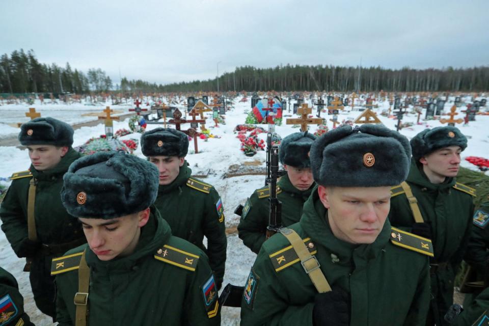 Russian military cadets at the funeral in St Petersburg of Dmitry Menshikov, a mercenary for Wagner Group killed in Ukraine (REUTERS)