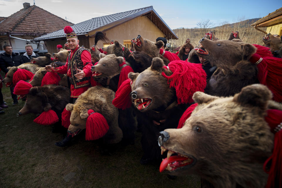 Integrantes de la manada de osos Sipoteni realizan una pose final tras su actuación en Vasieni, en el norte de Rumanía, el 26 de diciembre de 2023, mientras recorren distintas localidades para el tradicional ritual del baile del oso. Hace siglos, quienes vivían en lo que ahora es el noreste de Rumanía se cubrían con pieles de oso y bailaban para ahuyentar a los malos espíritus. Esa costumbre es conocida hoy en día como el Festival del Baile del Oso, que cada diciembre atrae a multitud de turistas. (AP Foto/Vadim Ghirda)