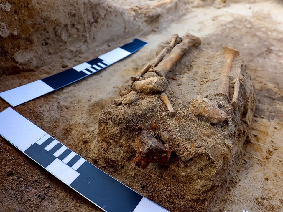 The skeletal remains of what researchers believe to be a 17th-century "vampire child" in an unmarked Polish cemetery.