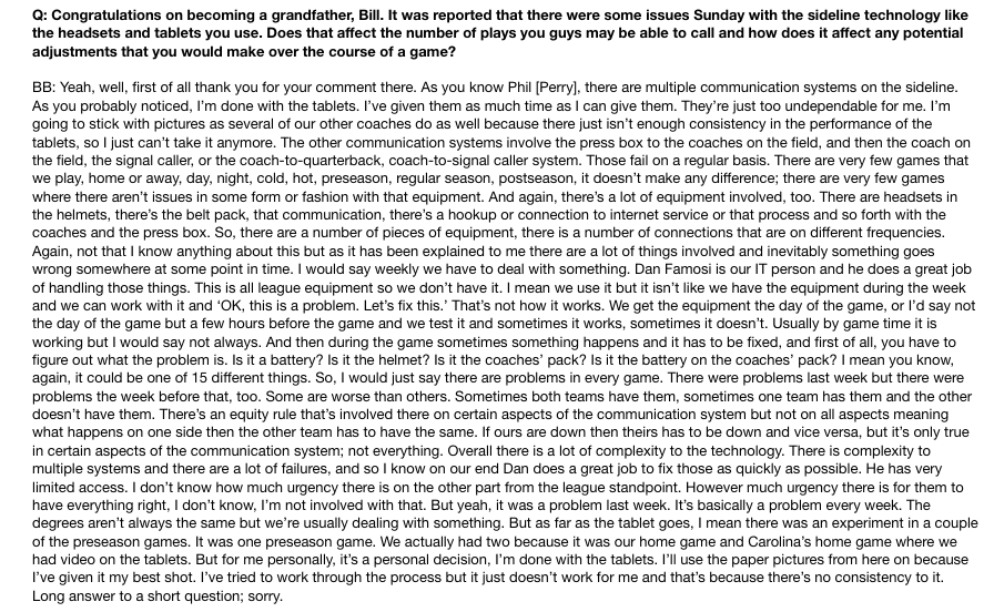 Bill Belichick's response to a question about the Microsoft Surface lasted more than five minutes. (New England Patriots PR)