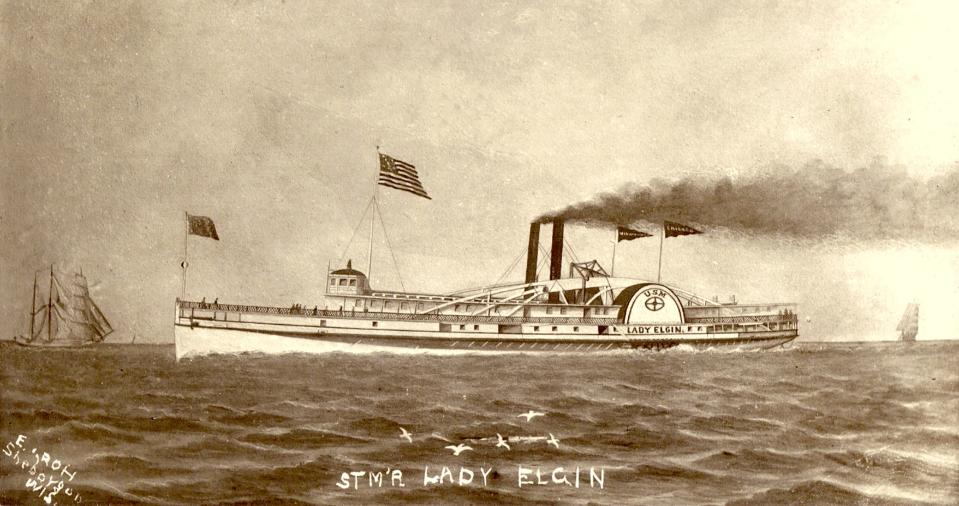 An early illustration depicting the Lady Elgin. William Farnsworth, considered the founder of Sheboygan, died when the steamer Lady Elgin sank in 1860 in Lake Michigan north of Chicago.