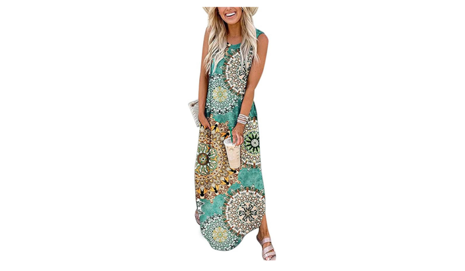 Woman wearing turquoise patterned maxi dress