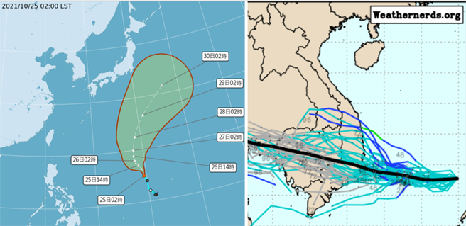 菲律賓東方海面的熱帶性低氣壓(左圖)，預測今上午成颱，在日本南方海面向北再轉向東北。同時南海有熱帶低壓發展(右圖)，向西北西往越南。(左圖擷自氣象局/右圖擷自weathernerds)

