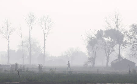 FILE PHOTO: A man walks through a field amidst smog in New Delhi, India, February 7, 2018. REUTERS/Adnan Abidi/File Photo