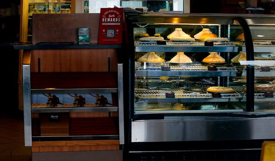 Fresh baked pies sit in the display case Monday morning at the Kennewick Shari’s restaurant at 1200 N. Columbia Center Blvd., near Columbia Center mall. Shari’s Management Corp., the Beaverton, Oregon chain of pie-oriented restaurants, closed the location over the weekend.