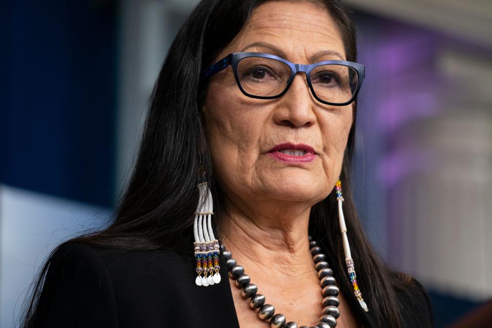 Interior Secretary Deb Haaland speaks during a news briefing at the White House in Washington. Many Native American activists say they know the Laguna Pueblo native has a mandate to serve all constituents, but they hope her sensitivity to Indigenous issues will help their efforts to preserve sacred land and grow economic opportunity.