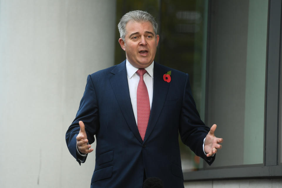 Northern Ireland Secretary Brandon Lewis speaking to the media as he arrives at BBC Broadcasting House in central London before his appearance on the BBC1 current affairs programme, The Andrew Marr Show. (Photo by Kirsty O'Connor/PA Images via Getty Images)