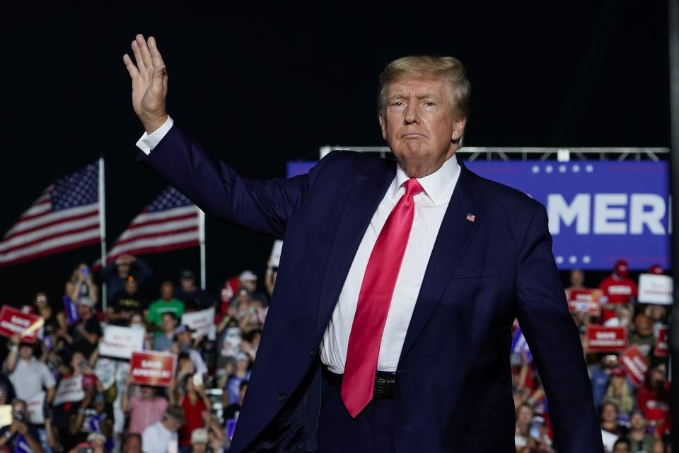 FILE - Former President Donald Trump arrives at a rally, Aug. 5, 2022, in Waukesha, Wis. Wisconsin Republicans still reeling from an April election that saw conservatives lose majority control of the state Supreme Court hope to use their upcoming state convention to unify and refocus on the looming presidential race where Wisconsin will once again be a battleground. (AP Photo/Morry Gash, File)