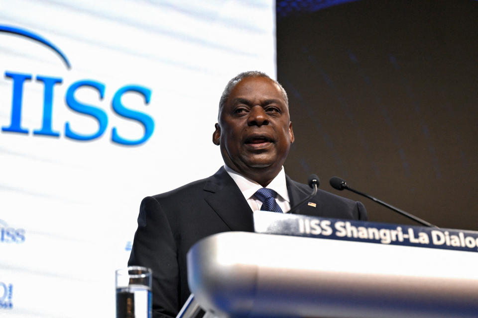 U.S. Secretary of Defense Lloyd Austin speaks at the First Plenary Session of the 20th IISS Shangri-La Dialogue in Singapore June 3, 2023. REUTERS/Caroline Chia