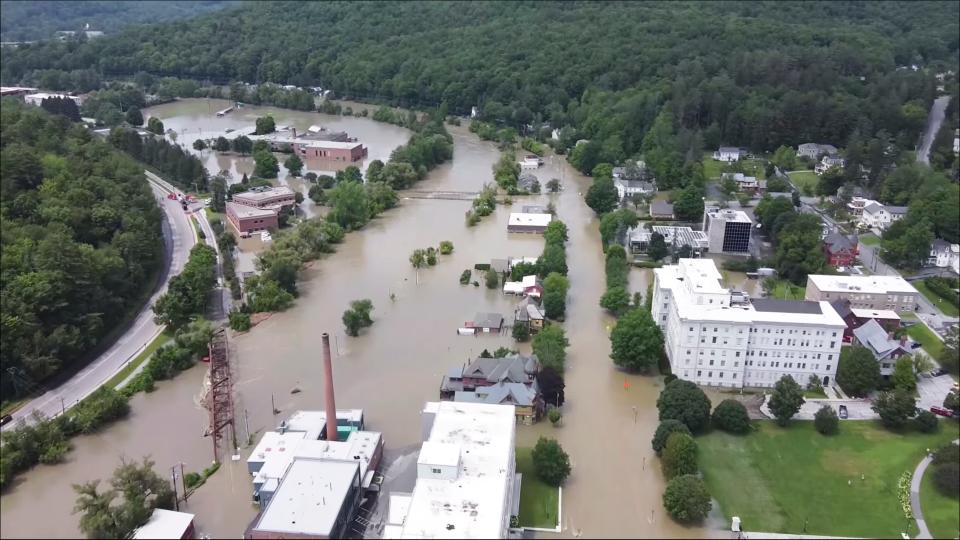 This image made from drone footage provided by the Vermont Agency of Agriculture, Food and Markets shows flooding in Montpelier, Vt., Tuesday, July 11, 2023. (AP)