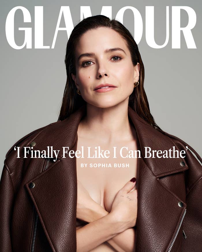 Sophia Bush in a leather jacket on Glamour magazine cover with quote "I Finally Feel Like I Can Breathe"