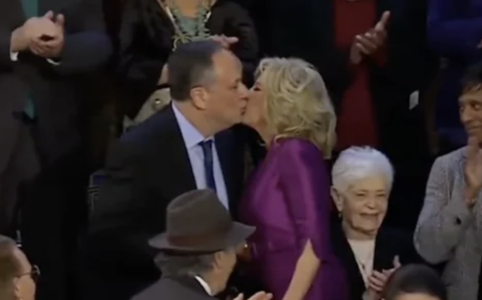 Kamala Harris's husband and Jill Biden kissing