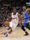 LOS ANGELES, CA - APRIL 16: Chris Paul #3 of the Los Angeles Clippers drives around Russell Westbrook #0 of the Oklahoma City Thunder at Staples Center on April 16, 2012 in Los Angeles, California. The Clippers won 92-77. NOTE TO USER: User expressly acknowledges and agrees that, by downloading and or using this photograph, User is consenting to the terms and conditions of the Getty Images License Agreement. (Photo by Stephen Dunn/Getty Images)