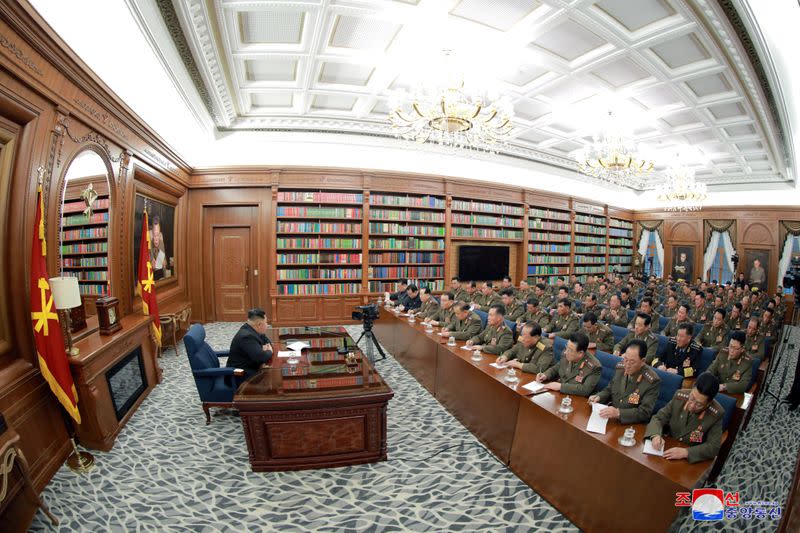 North Korean leader Kim Jong Un speaks during the Third Enlarged Meeting of the Seventh Central Military Commission of the Workers' Party of Korea