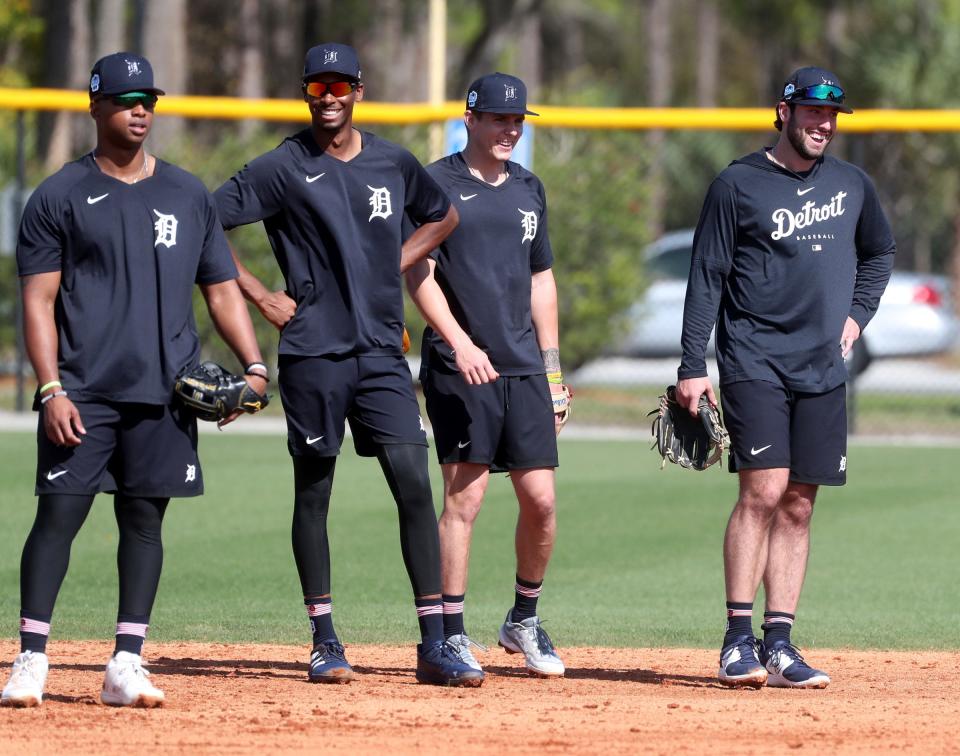 (From left) Tigers infielders Justin-Henry Malloy, Brendon Davis, Nick Maton and Matt Vierling wait to field ground balls during spring training on Friday, Feb. 17, 2023, in Lakeland, Florida.