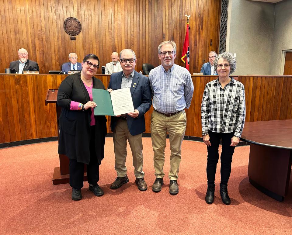 Rabbi Ahuvah Lowenthal, from left, of the Jewish Congregation of Oak Ridge, Oak Ridge City Council member Charlie Hensley, Steve Reddick and Dorothy DeVan, teachers of the Oak Ridge Institute for Continued Learning (ORICL) Kimmelman Holocaust Class, pose for a photo after City Council approved a resolution making May 5 Holocaust Remembrance Day in the city. Rabbi Lowenthal The resolution was approved and presented at the April 8, 2024 City Council meeting in the Municipal Building. A public Holocaust Remembrance Program will be held May 5.