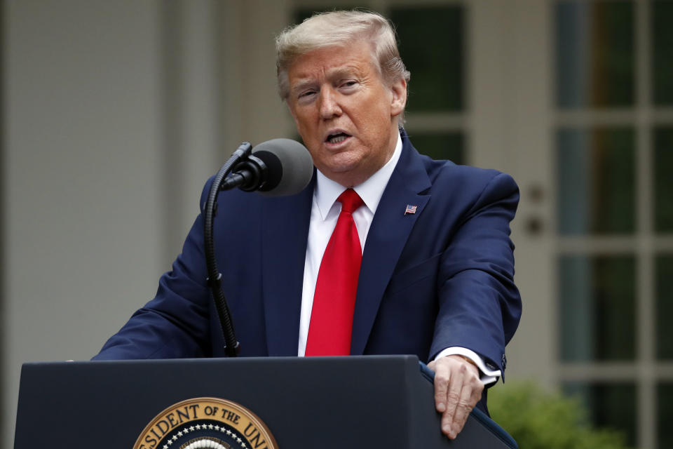 President Donald Trump speaks about the coronavirus in the Rose Garden of the White House, Tuesday, April 14, 2020, in Washington. (AP Photo/Alex Brandon)