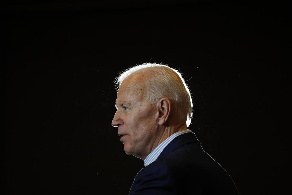 Former vice president and Democratic presidential candidate Joe Biden speaks at a rally with members of a painters and construction union, Tuesday, May 7, 2019, in Henderson, Nev. (AP Photo/John Locher)