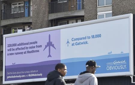 A campaign poster promoting expansion at London Gatwick rather than Heathrow airport, is seen in west London, March 5, 2015. REUTERS/Toby Melville
