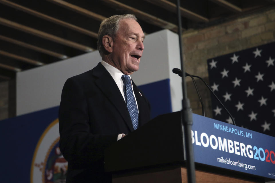 Democratic presidential candidate, former New York City Mayor Michael Bloomberg speaks to campaign workers and supporters in Minneapolis Thursday, Jan. 23, 2020, as he opens the first field office in Minnesota and meets with local community leaders and voters to share his vision for the country. (AP Photo/Jim Mone)