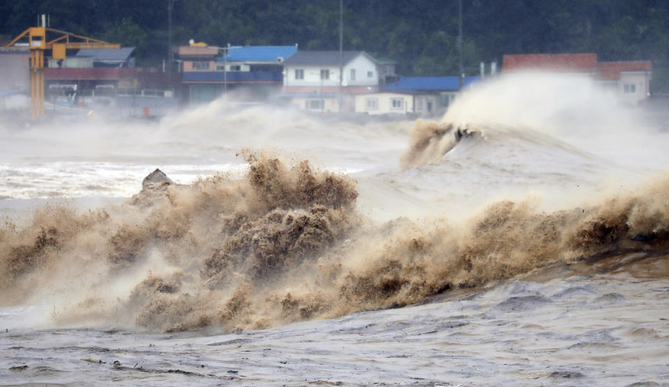 Waves hit a shore in Pohang, South Korea, Tuesday, Sept. 6, 2022. Thousands of people were forced to evacuate in South Korea as Typhoon Hinnamnor made landfall in the country's southern regions on Tuesday, unleashing fierce rains and winds that destroyed trees and roads, and left more than 20,000 homes without power. (Kim Hyun-tai/Yonhap via AP)
